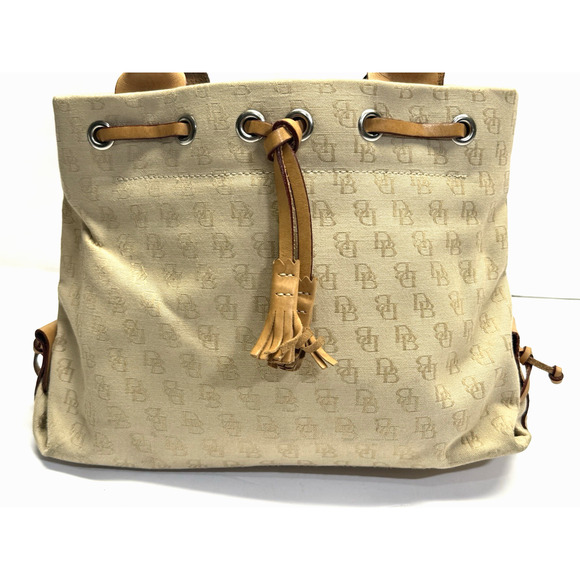 Dooney & Bourke Mini Tassel Tote Monogram Canvas Leather Trim H538QBO Beige - Picture 2 of 11
